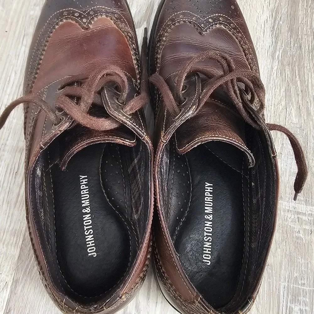 Johnston & Murphy Mens Brown Leather Wingtip Brogue Oxford Dress‎ Shoes Two Tone
